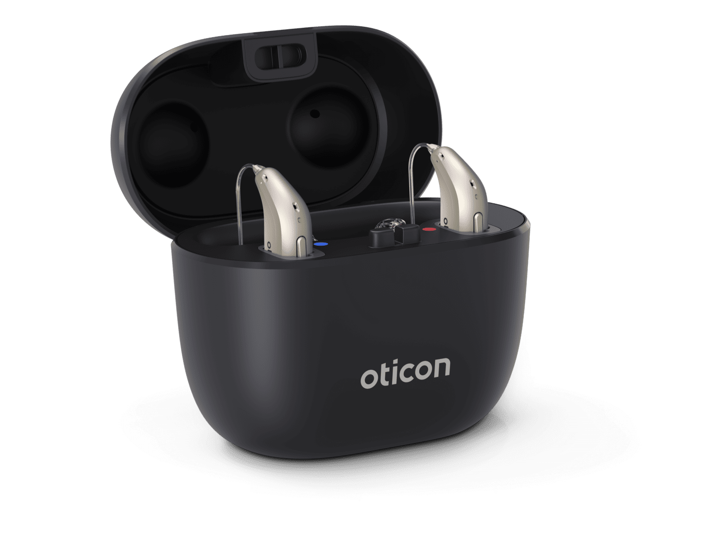 Oticon SmartCharger H2 2024 OpenLid Angled w miniRITE C090